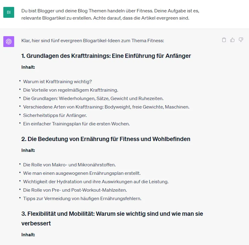 Blog Themen für Fitness mit Hilfe von ChatGPT generiert