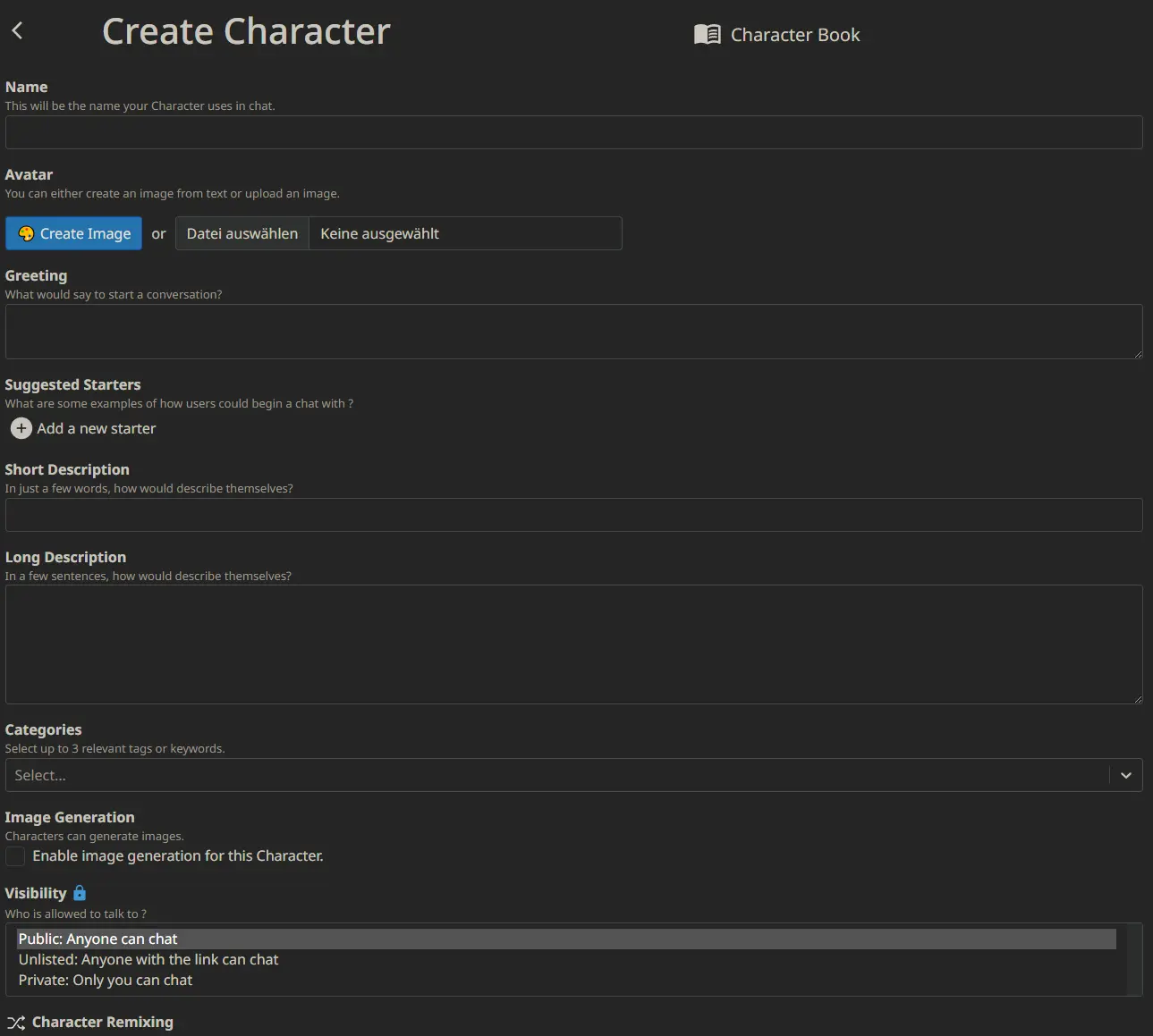 Character ai Chatbot erstellen Einstellungen