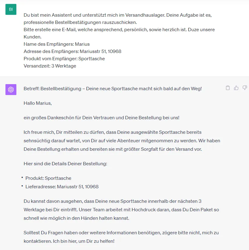 ChatGPT E-Mail Prompt für Bestellbestätigungen
