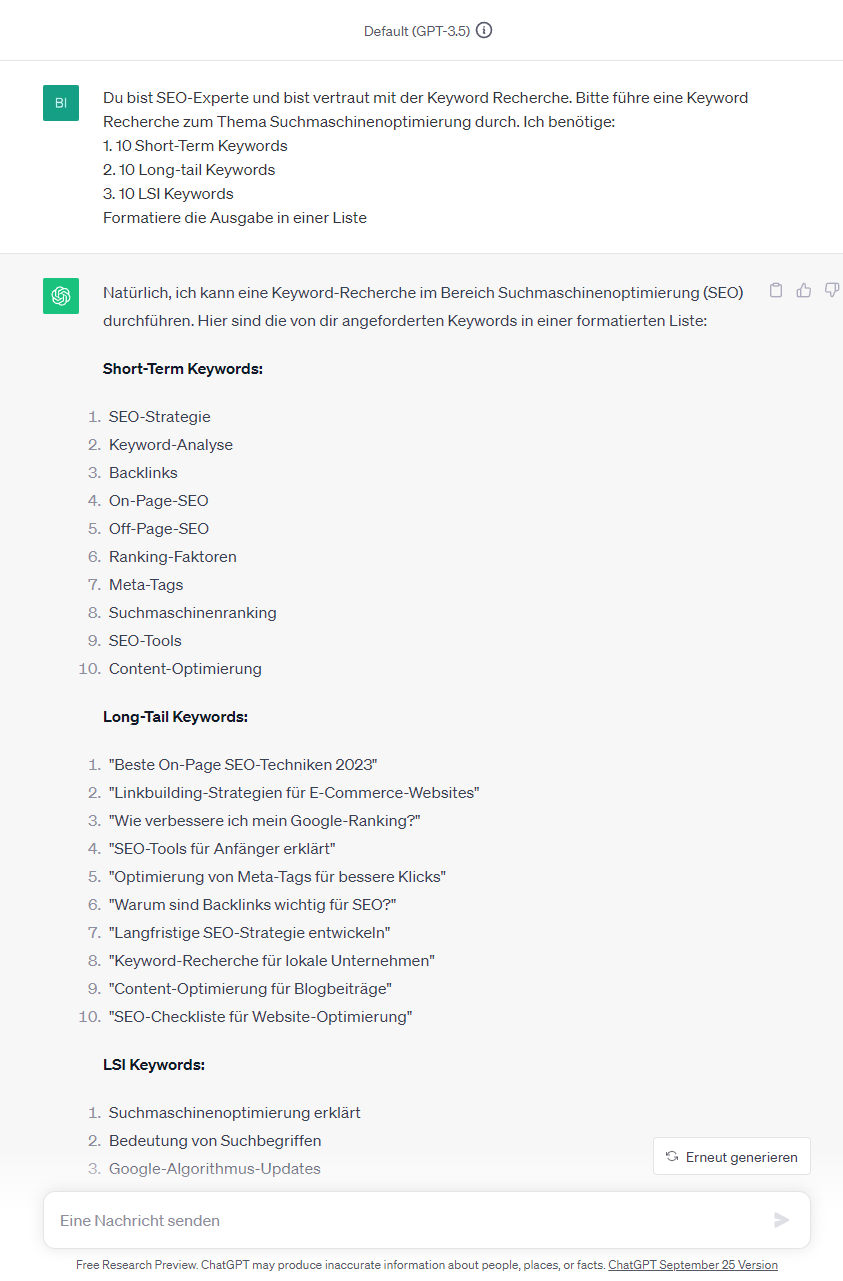 ChatGPT SEO Prompt für die Keyword Recherche