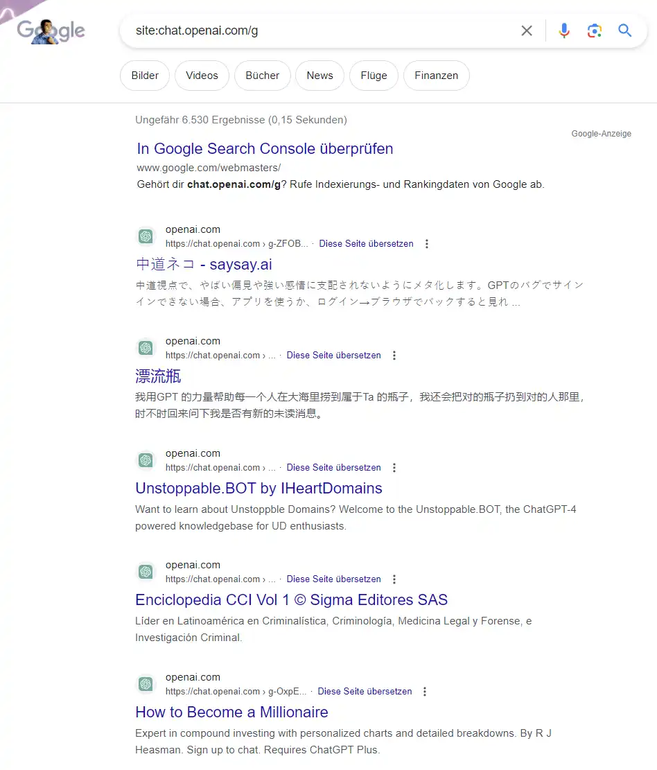 Custom GPTs finden in Google