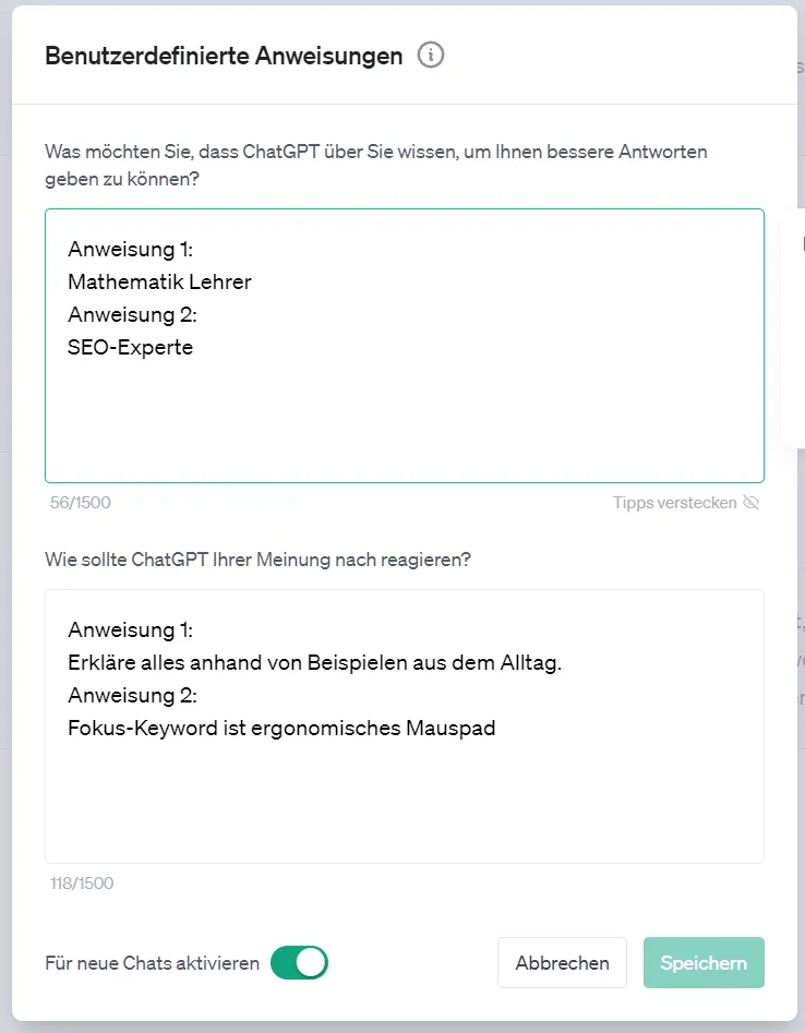 ChatGPT Custom Instructions für mehrere Anwendungsfälle