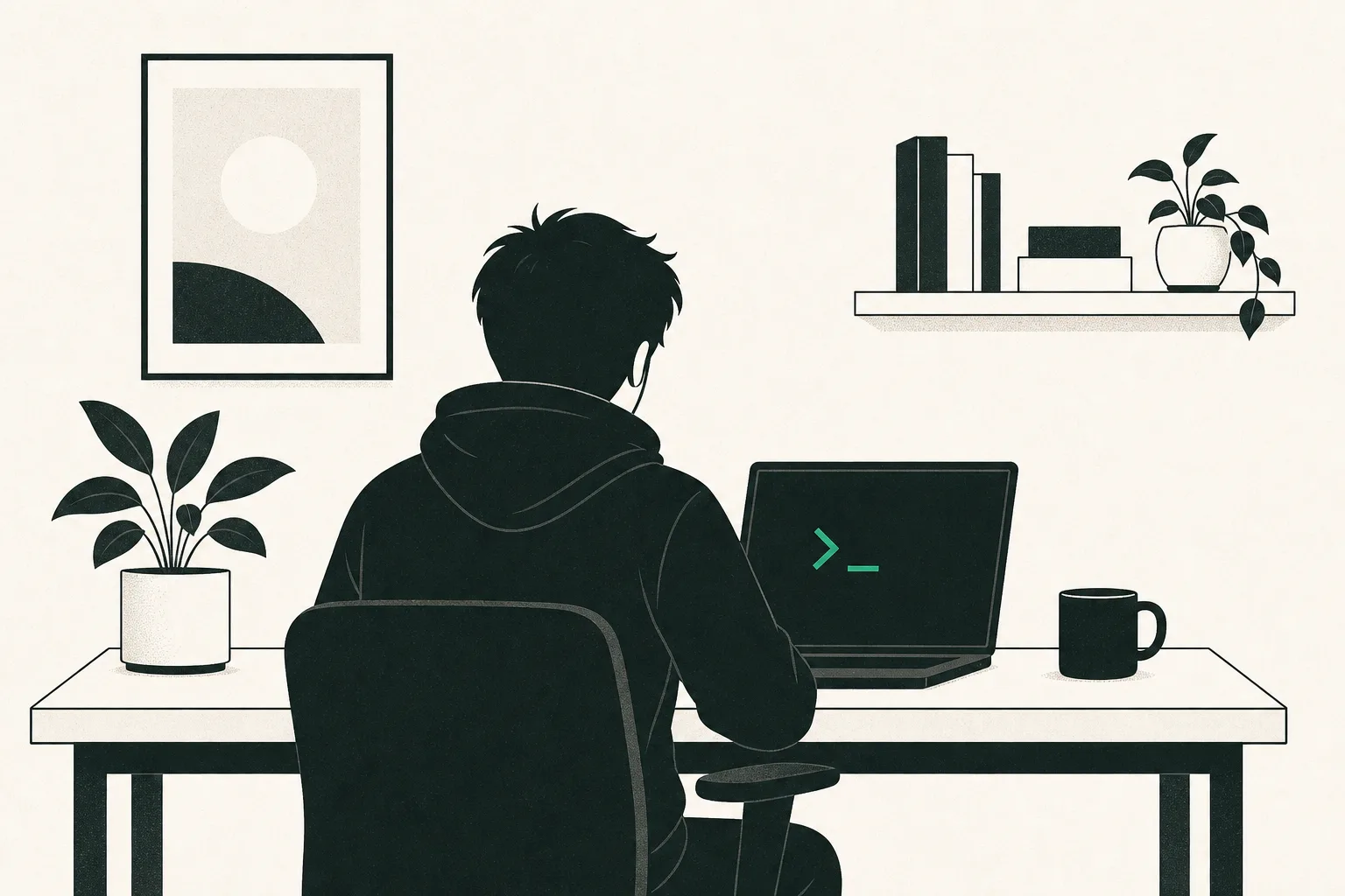 Illustration: ein Nerd am aufgeräumten Schreibtisch vor einem Terminal