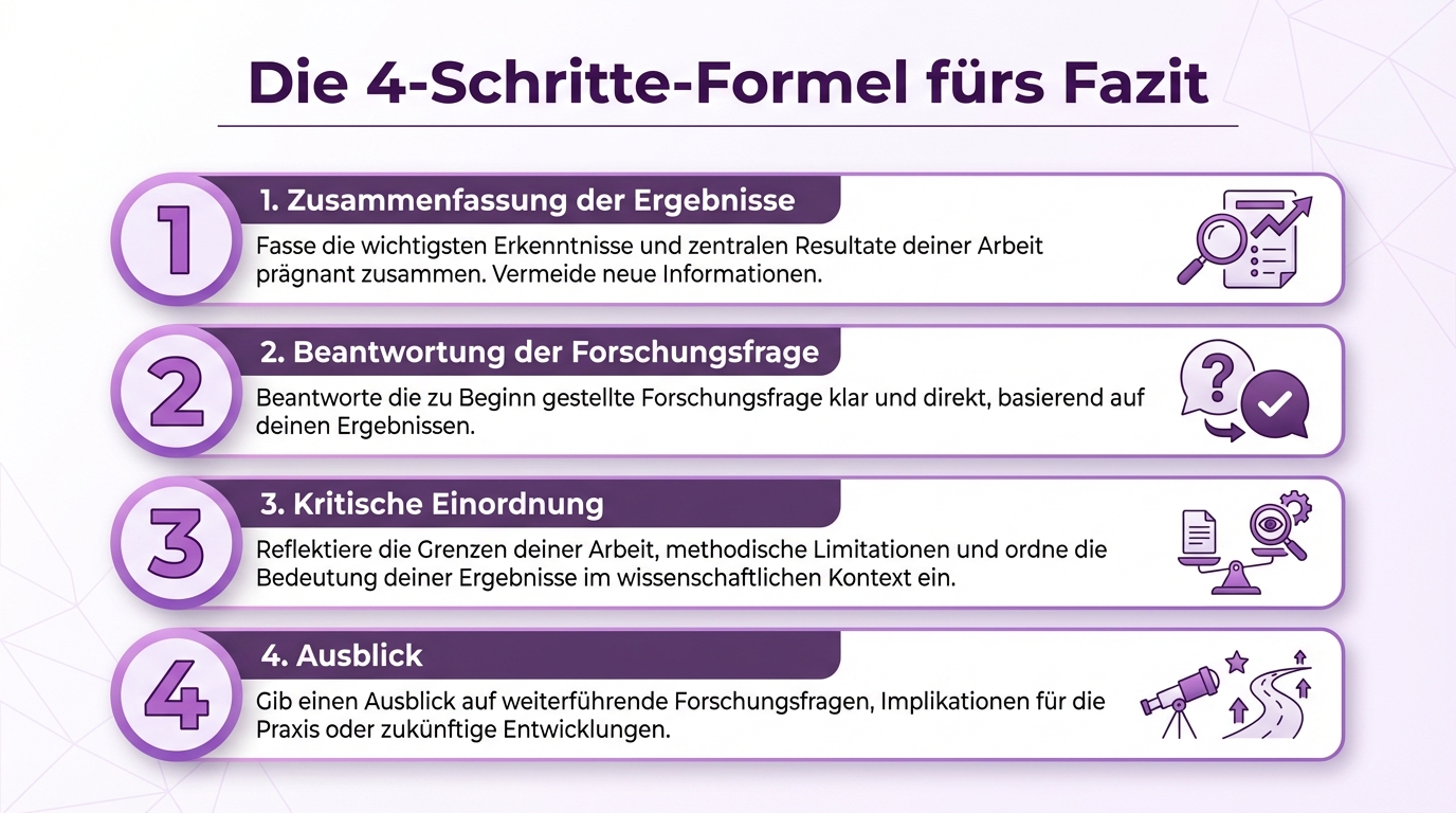 Die 4-Schritte-Formel fürs Fazit: Zusammenfassung, Forschungsfrage, Einordnung, Ausblick