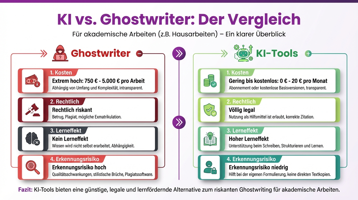 KI-Tools vs. Ghostwriter Vergleich -- Kosten, Legalitaet, Lerneffekt