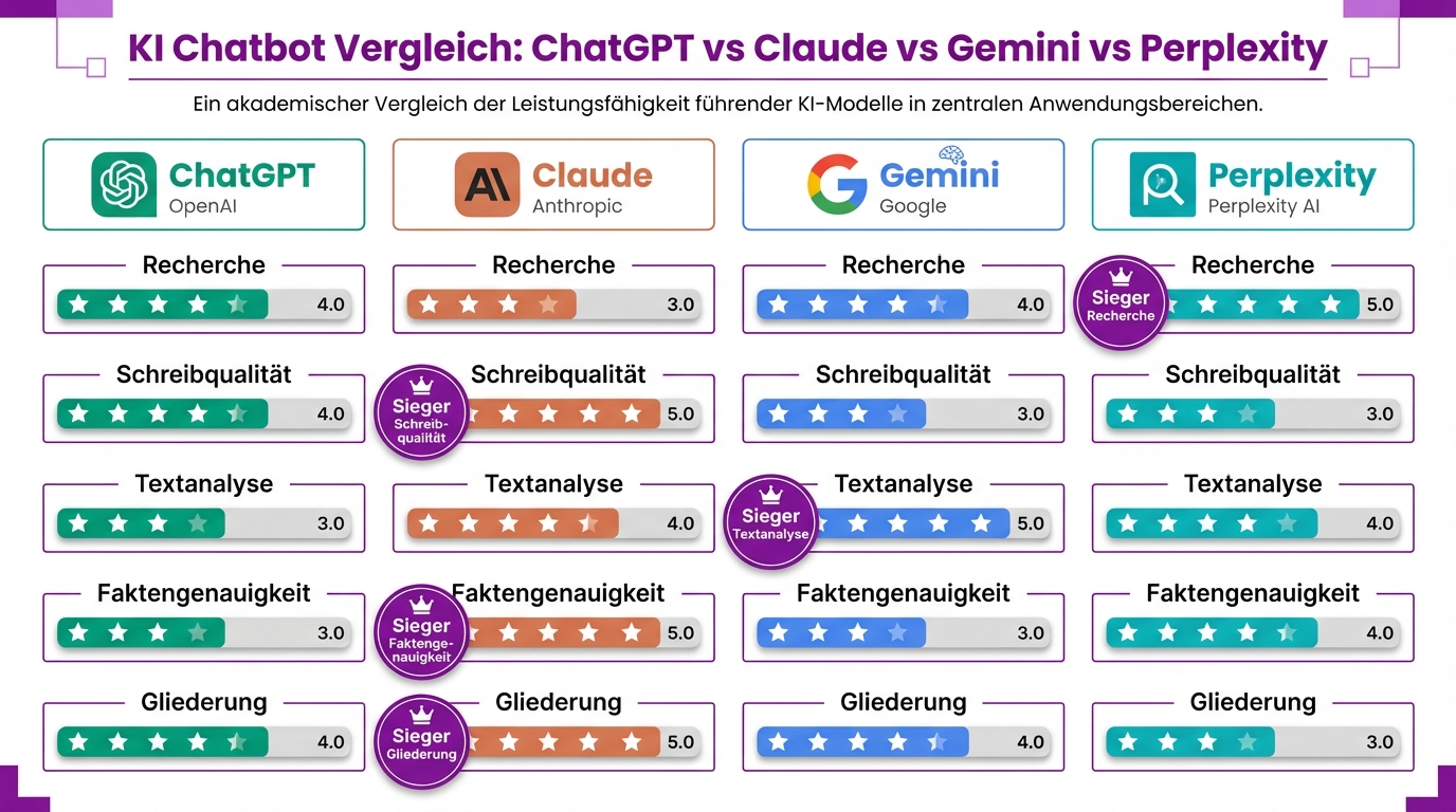 KI Chatbot Vergleich: ChatGPT vs Claude vs Gemini vs Perplexity fuer Studium