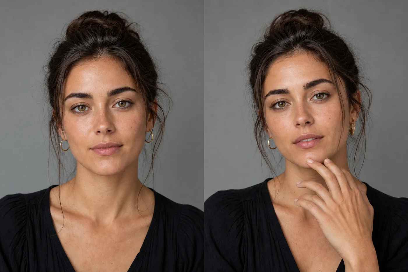 Real photo vs AI-generated portrait with tells